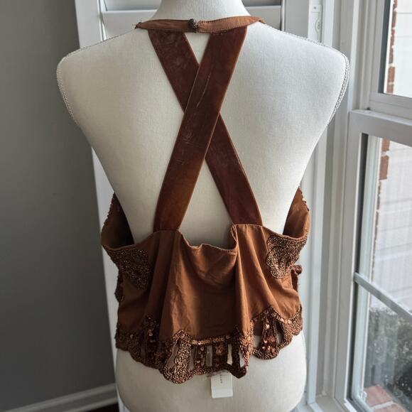 MAEVE by Anthropologie Top Size L Brown Embellished Cutwork Cross Back Tank NWT - Picture 3 of 16